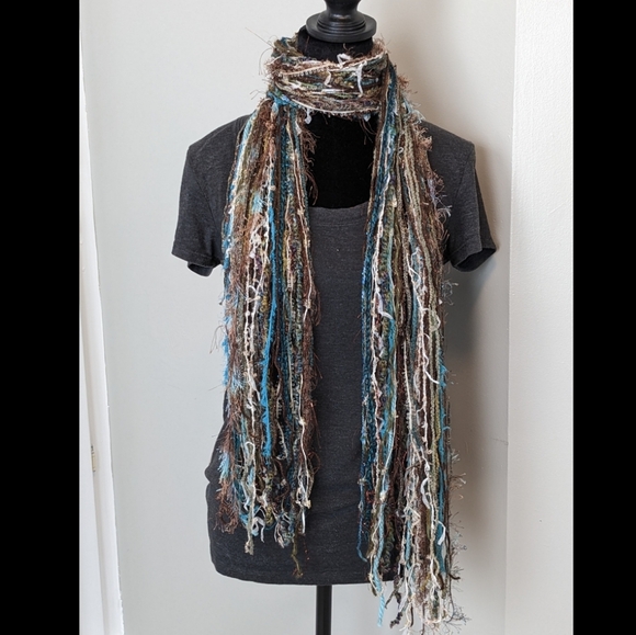 Handmade Fringe Scarf - Teal Aqua Blue Green Gray White Brown Gold Flowy Chic - Picture 8 of 13